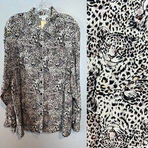 Anna and Frank Cheetah Animal Print Blouse Long Sleeve Button Up Size Large Tall